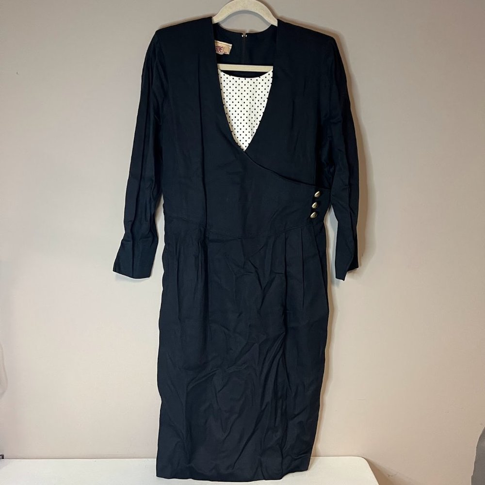 Vintage 1980s Polka Dot Black & White Faux Wrap Dress 80s Secretary
